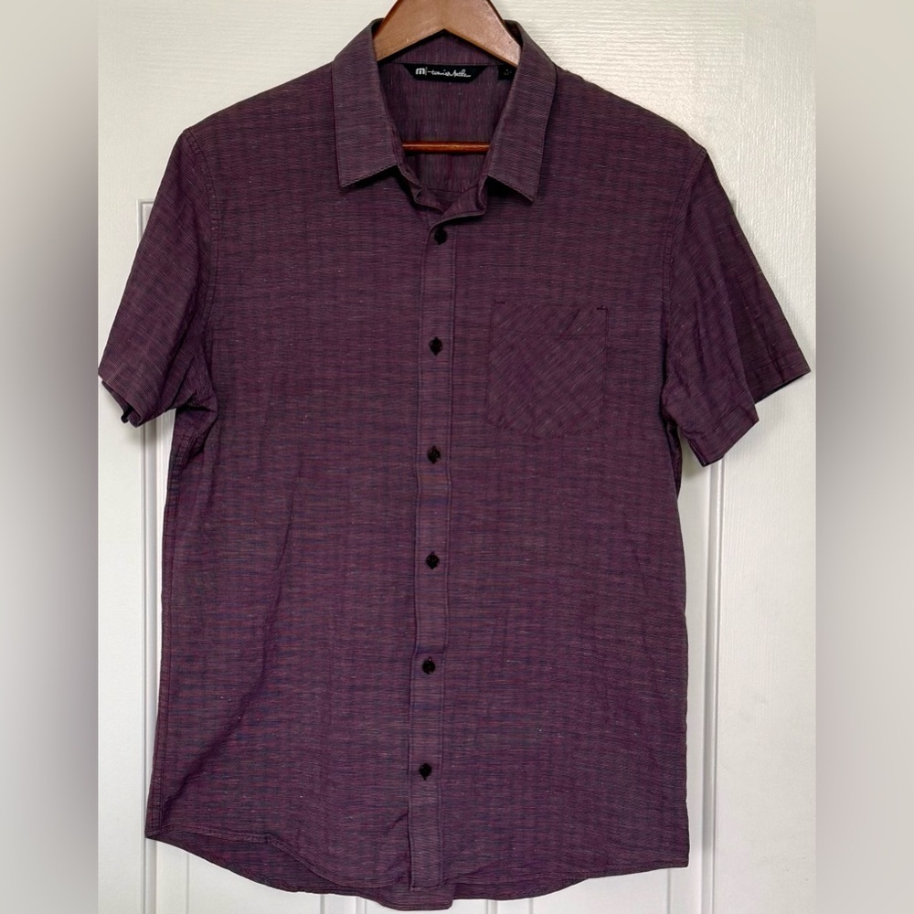 TravisMathew Men’s Red Heather Stripe Stretch Button-Up Shirt Size L